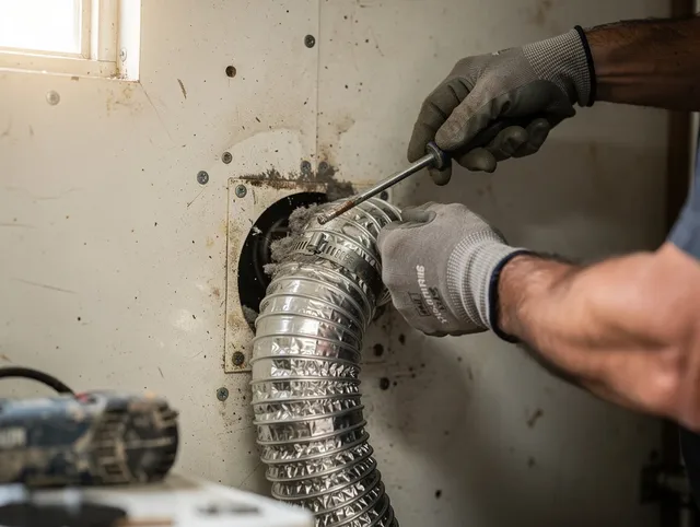 Laguna Hills Dryer Vent Cleaning technician performing precise dryer vent hose installation in Laguna Hills